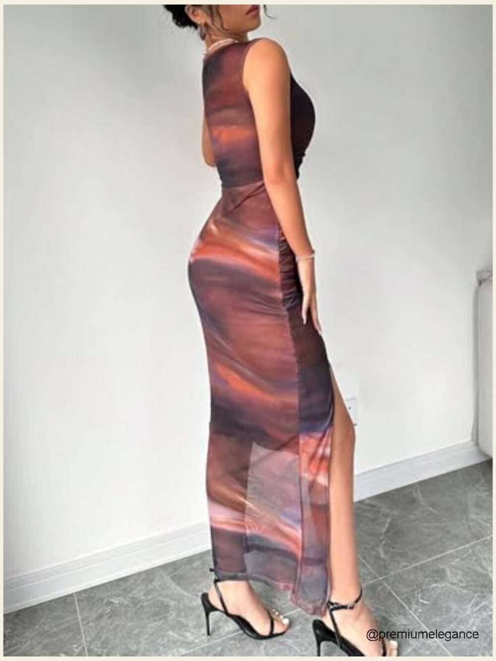 Tie Dye Mesh Bodycon Dress Ruched Split Thigh Club Maxi - Picture 2 of 5